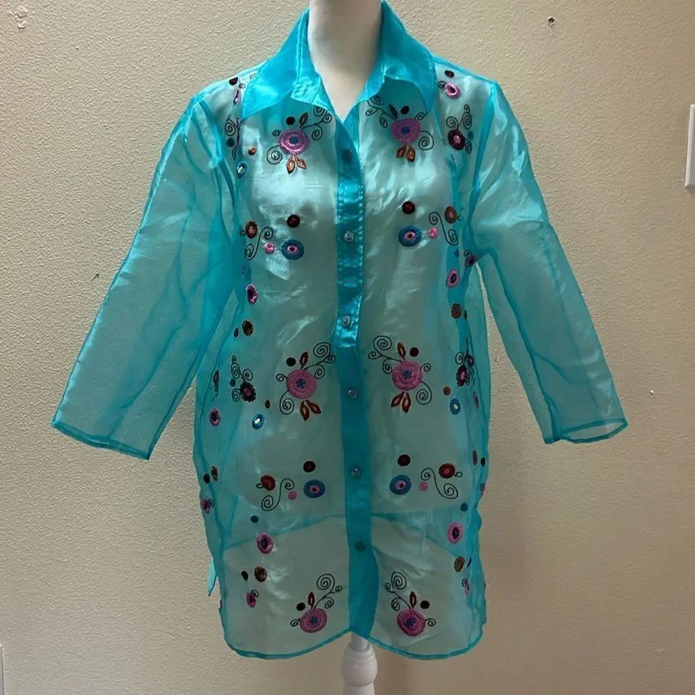 Maggie Sweet sheer and embroidered button up blouse. Size Medium.